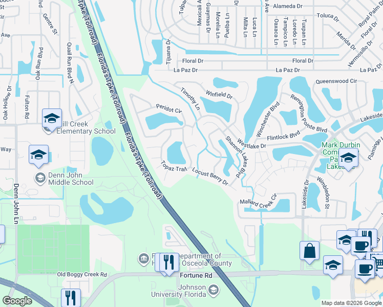 map of restaurants, bars, coffee shops, grocery stores, and more near 2370 Topaz Trail in Kissimmee