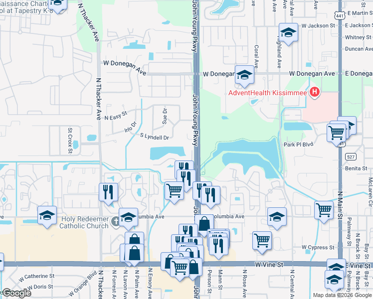 map of restaurants, bars, coffee shops, grocery stores, and more near 1205 Bermuda Lakes Lane in Kissimmee