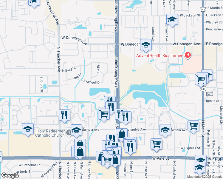 map of restaurants, bars, coffee shops, grocery stores, and more near 1205 Bermuda Lakes Lane in Kissimmee