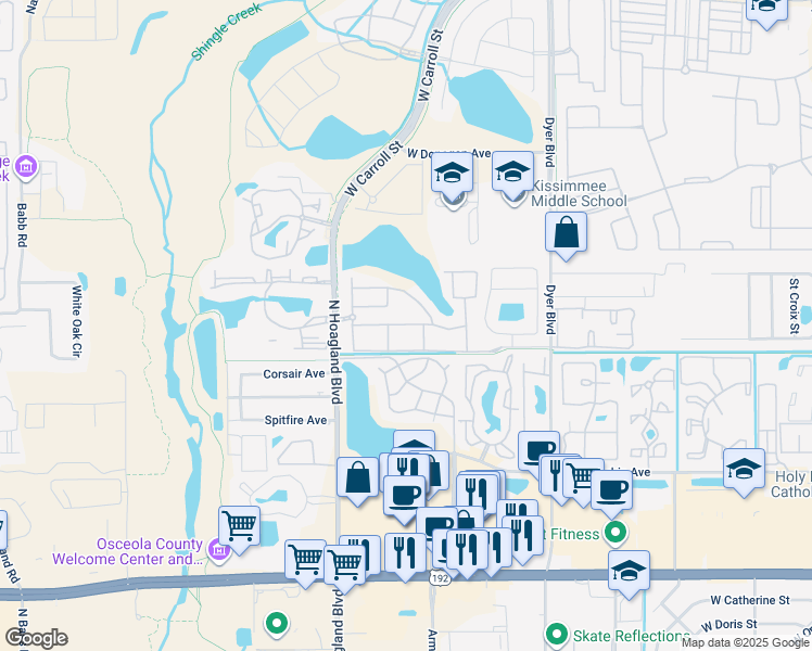 map of restaurants, bars, coffee shops, grocery stores, and more near 4015 Venetian Bay Drive in Kissimmee
