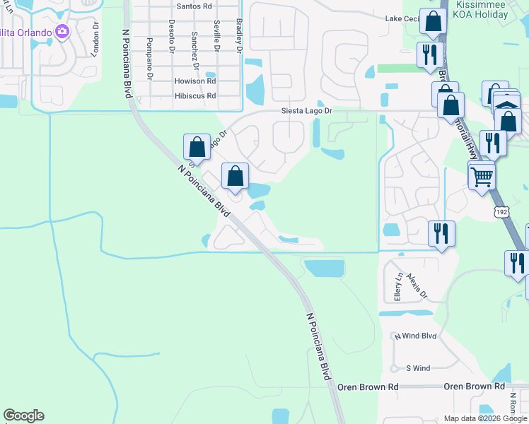map of restaurants, bars, coffee shops, grocery stores, and more near 2035 Royal Bay Boulevard in Kissimmee