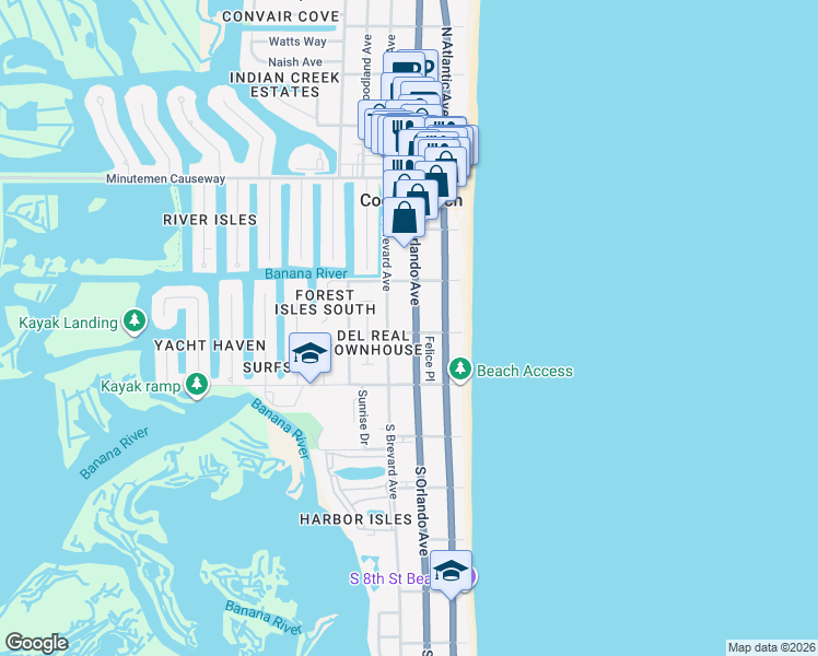 map of restaurants, bars, coffee shops, grocery stores, and more near 322 Felice Place in Cocoa Beach