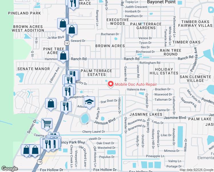 map of restaurants, bars, coffee shops, grocery stores, and more near 7322 Coventry Drive in Port Richey