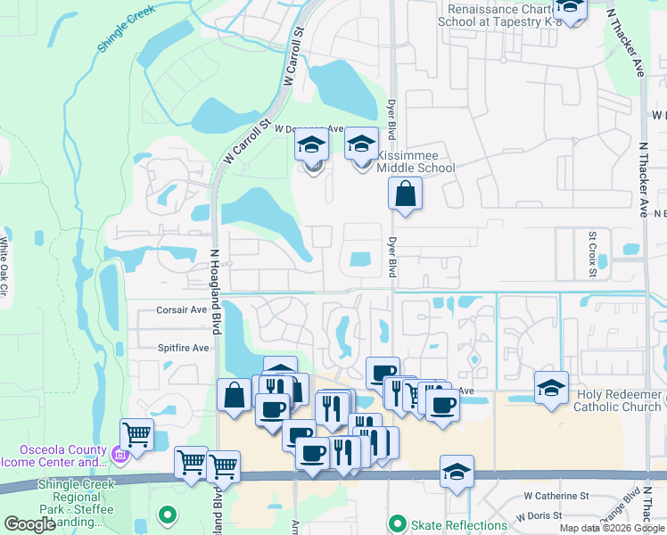 map of restaurants, bars, coffee shops, grocery stores, and more near 2344 Pebble Brook Road in Kissimmee