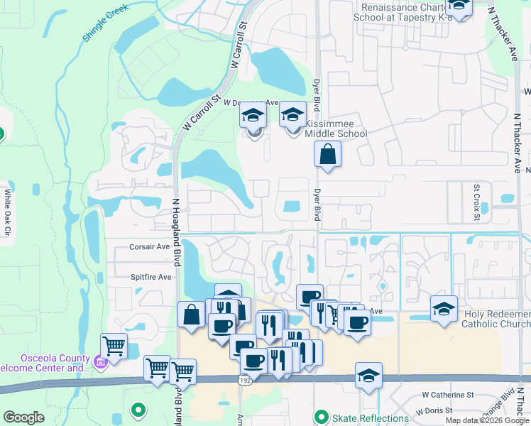 map of restaurants, bars, coffee shops, grocery stores, and more near 2344 Pebble Brook Road in Kissimmee