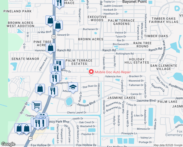 map of restaurants, bars, coffee shops, grocery stores, and more near 10802 Hale Street in Port Richey
