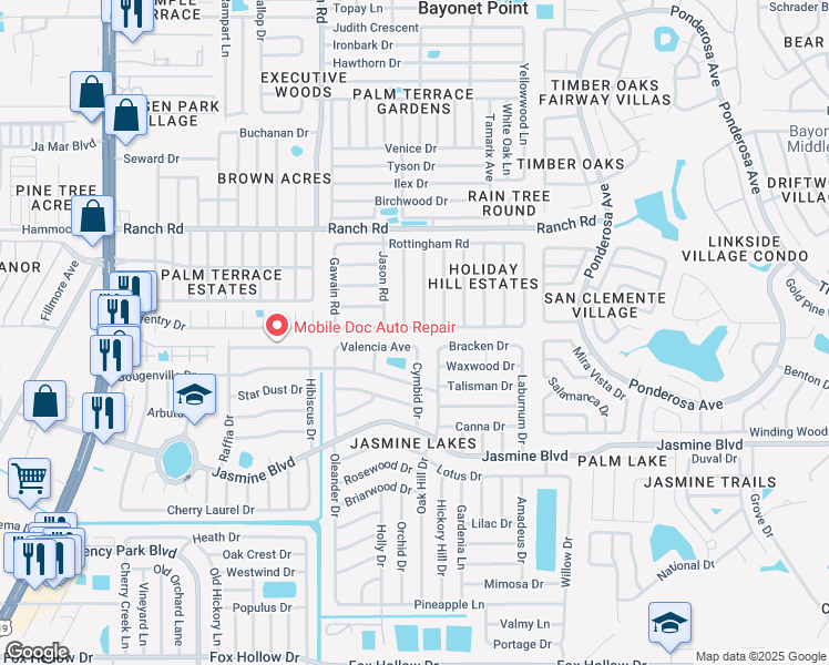 map of restaurants, bars, coffee shops, grocery stores, and more near 7706 Coventry Drive in Port Richey