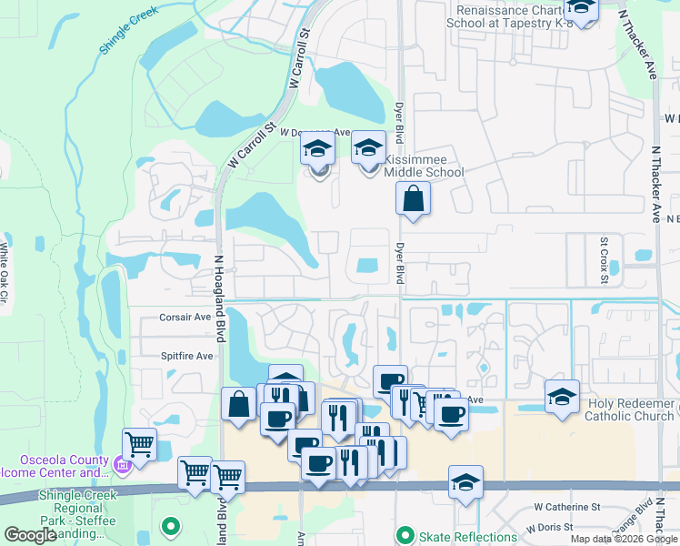 map of restaurants, bars, coffee shops, grocery stores, and more near 2344 Pebble Brook Road in Kissimmee