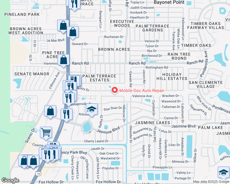 map of restaurants, bars, coffee shops, grocery stores, and more near 7338 Coventry Drive in Port Richey