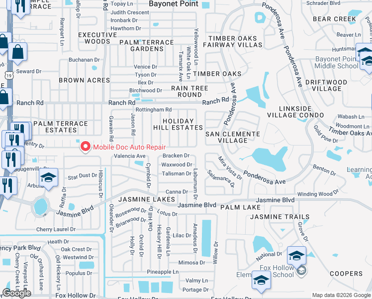 map of restaurants, bars, coffee shops, grocery stores, and more near 10804 Oldham Road in Port Richey