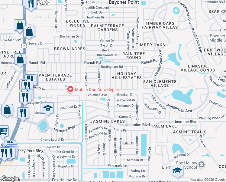 map of restaurants, bars, coffee shops, grocery stores, and more near 10804 Manchester Road in Port Richey