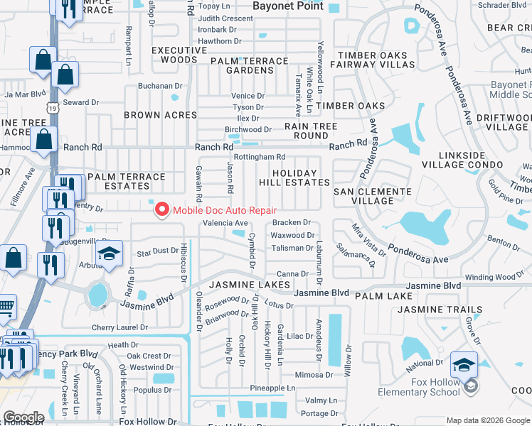 map of restaurants, bars, coffee shops, grocery stores, and more near 7730 Coventry Drive in Port Richey