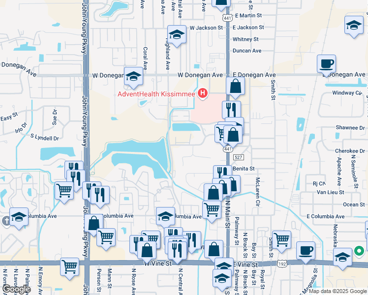 map of restaurants, bars, coffee shops, grocery stores, and more near 207 Park Place Boulevard in Kissimmee