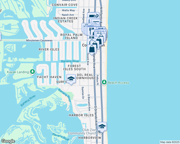 map of restaurants, bars, coffee shops, grocery stores, and more near 242 South Brevard Avenue in Cocoa Beach