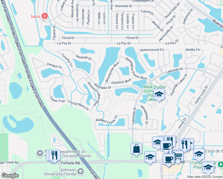 map of restaurants, bars, coffee shops, grocery stores, and more near 2104 Flintlock Boulevard in Kissimmee