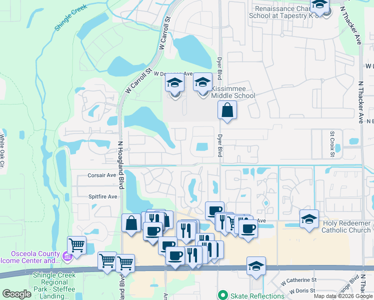 map of restaurants, bars, coffee shops, grocery stores, and more near 2344 Pebble Brook Road in Kissimmee