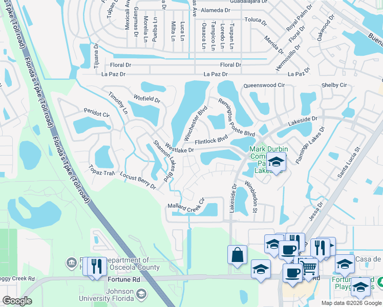 map of restaurants, bars, coffee shops, grocery stores, and more near 2156 Jeremiah Way in Kissimmee
