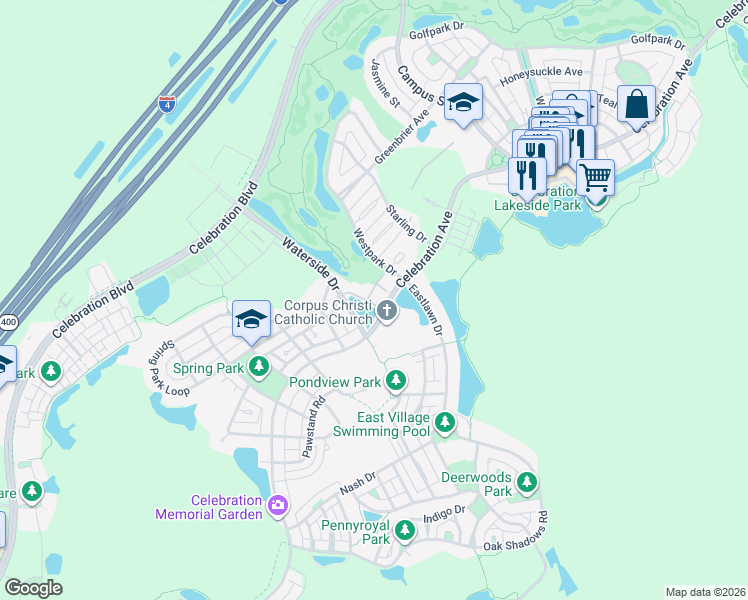 map of restaurants, bars, coffee shops, grocery stores, and more near 707 Westpark Way in Celebration