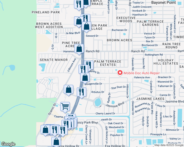 map of restaurants, bars, coffee shops, grocery stores, and more near 10731 Premier Avenue in Port Richey