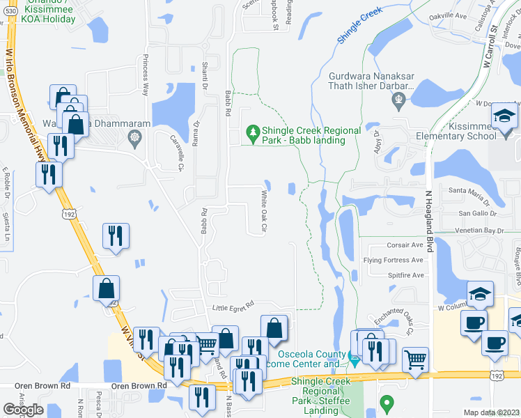 map of restaurants, bars, coffee shops, grocery stores, and more near 4459 White Oak Circle in Kissimmee