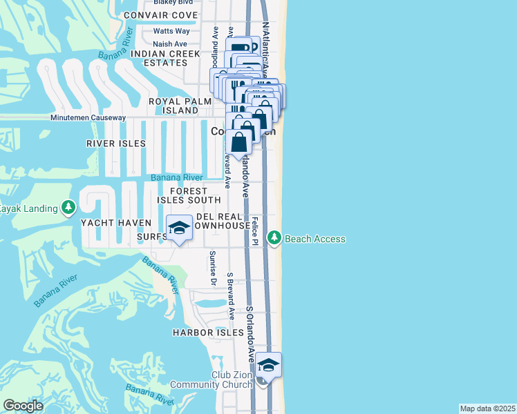 map of restaurants, bars, coffee shops, grocery stores, and more near 249 South Atlantic Avenue in Cocoa Beach