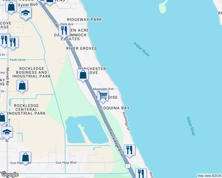 map of restaurants, bars, coffee shops, grocery stores, and more near 15 Magruder Avenue in Rockledge