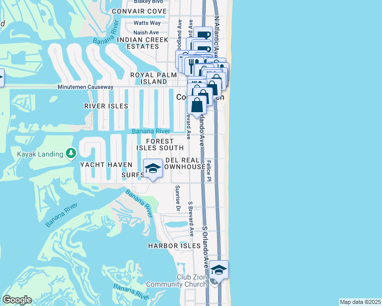 map of restaurants, bars, coffee shops, grocery stores, and more near 242 South Brevard Avenue in Cocoa Beach