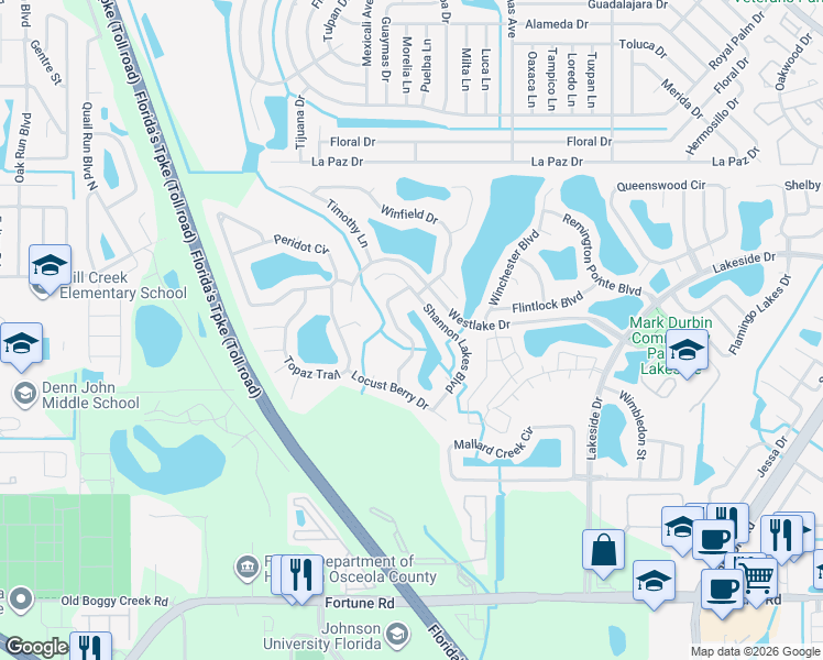 map of restaurants, bars, coffee shops, grocery stores, and more near 2046 Shannon Lakes Boulevard in Kissimmee