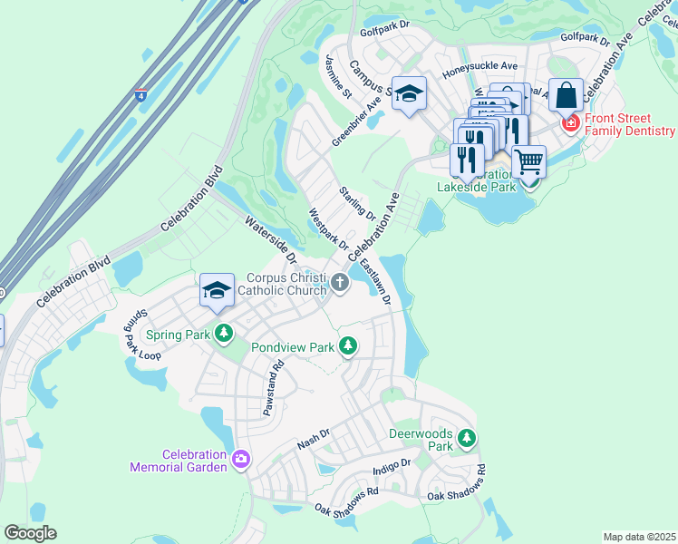 map of restaurants, bars, coffee shops, grocery stores, and more near 949 Celebration Avenue in Celebration