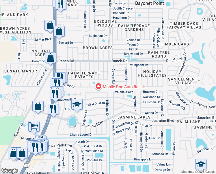 map of restaurants, bars, coffee shops, grocery stores, and more near 7437 Coventry Drive in Port Richey