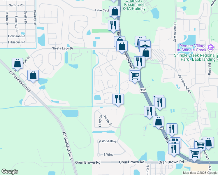 map of restaurants, bars, coffee shops, grocery stores, and more near 4798 Elmo Circle in Kissimmee