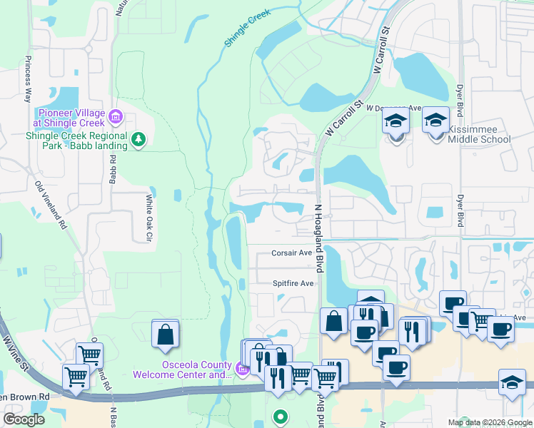 map of restaurants, bars, coffee shops, grocery stores, and more near 4116 Vista Lago Circle in Kissimmee