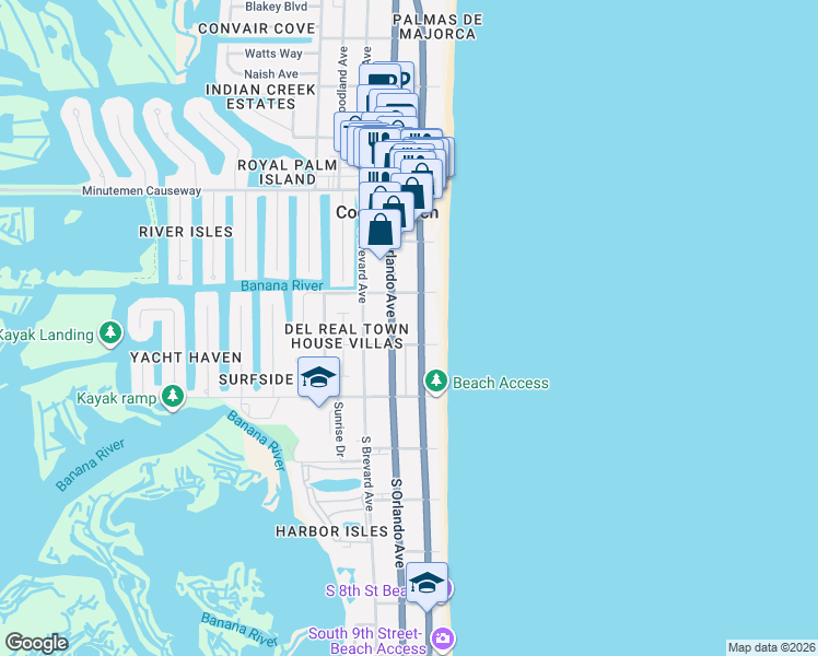 map of restaurants, bars, coffee shops, grocery stores, and more near 243 South Orlando Avenue in Cocoa Beach
