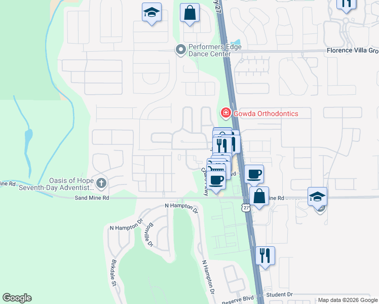 map of restaurants, bars, coffee shops, grocery stores, and more near 901 Charo Parkway in Davenport