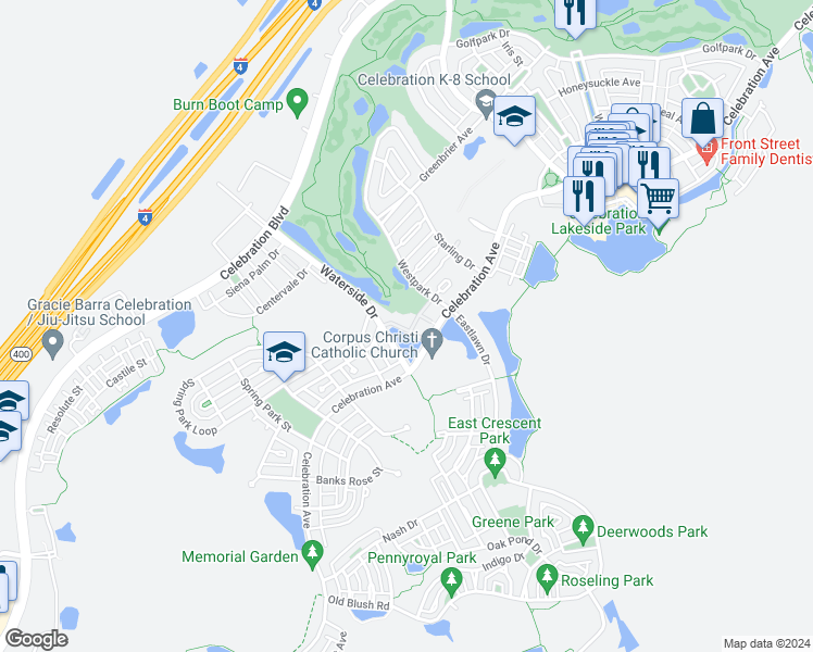 map of restaurants, bars, coffee shops, grocery stores, and more near 909 Waterside Lane in Kissimmee