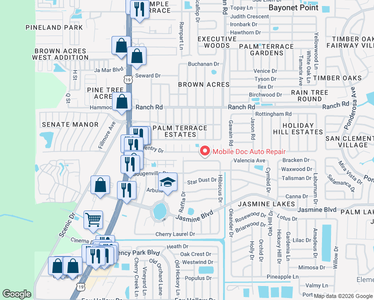 map of restaurants, bars, coffee shops, grocery stores, and more near 10735 Darius Street in Port Richey