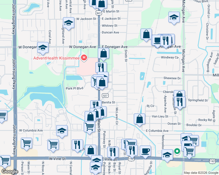 map of restaurants, bars, coffee shops, grocery stores, and more near 202 Washington Avenue in Kissimmee