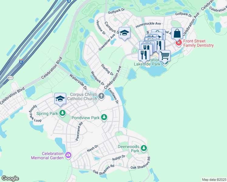 map of restaurants, bars, coffee shops, grocery stores, and more near 705 Eastlawn Drive in Celebration