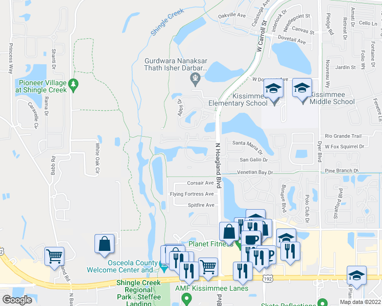 map of restaurants, bars, coffee shops, grocery stores, and more near 4110 Arrow Ridge Place in Kissimmee