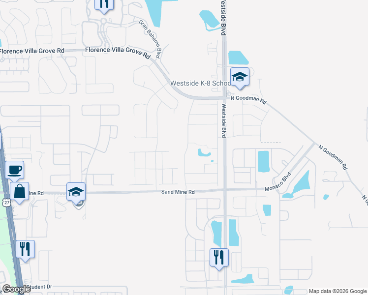 map of restaurants, bars, coffee shops, grocery stores, and more near 2408 White Poppy Drive in Kissimmee