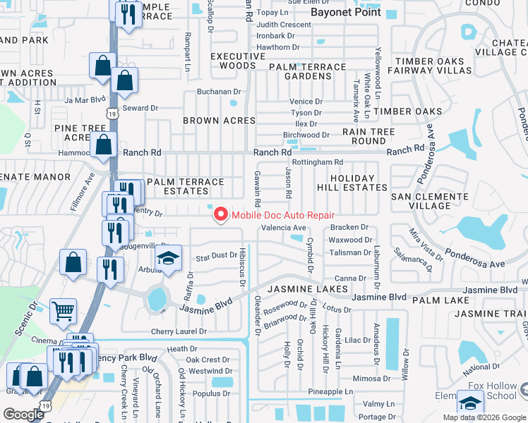 map of restaurants, bars, coffee shops, grocery stores, and more near 7514 Camelot Road in Port Richey