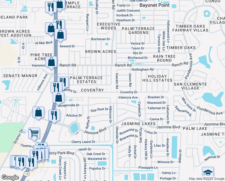 map of restaurants, bars, coffee shops, grocery stores, and more near 7439 Coventry Drive in Port Richey