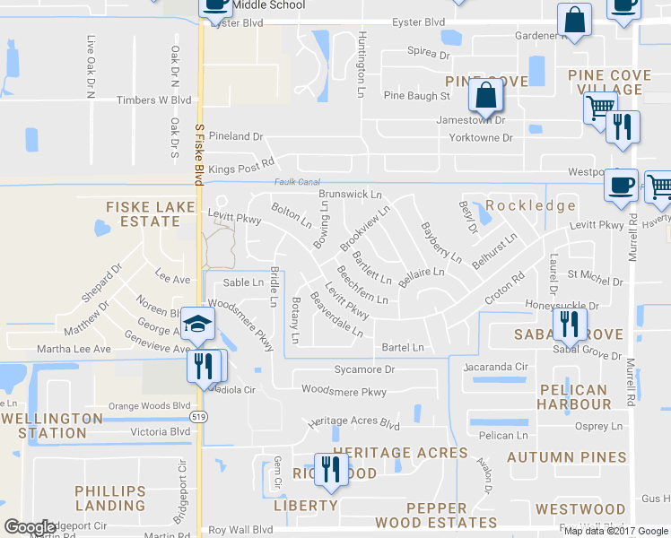 map of restaurants, bars, coffee shops, grocery stores, and more near 954 Beechfern Lane in Rockledge