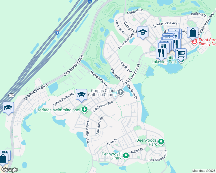 map of restaurants, bars, coffee shops, grocery stores, and more near 917 Waterside Lane in Kissimmee