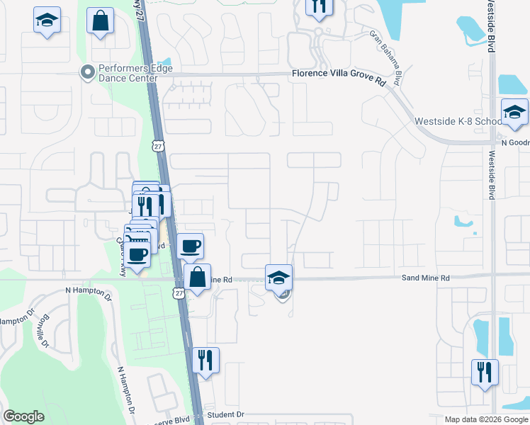 map of restaurants, bars, coffee shops, grocery stores, and more near 49585 Highway 27 in Davenport