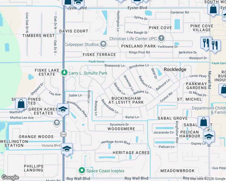 map of restaurants, bars, coffee shops, grocery stores, and more near 954 Beechfern Lane in Rockledge