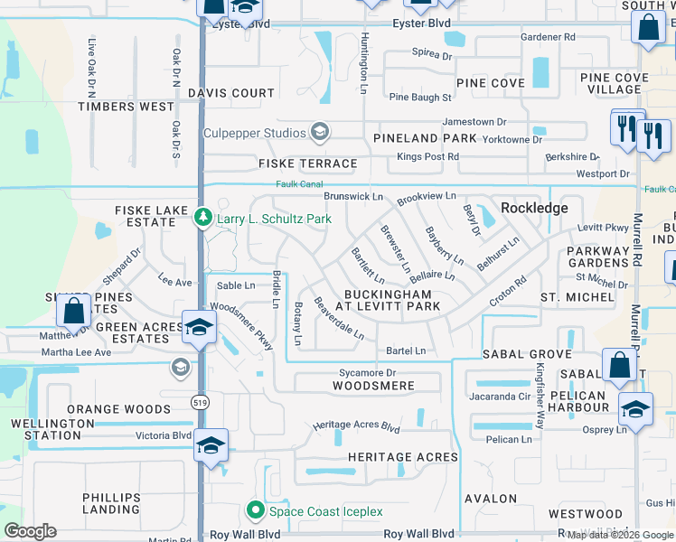 map of restaurants, bars, coffee shops, grocery stores, and more near 954 Beechfern Lane in Rockledge