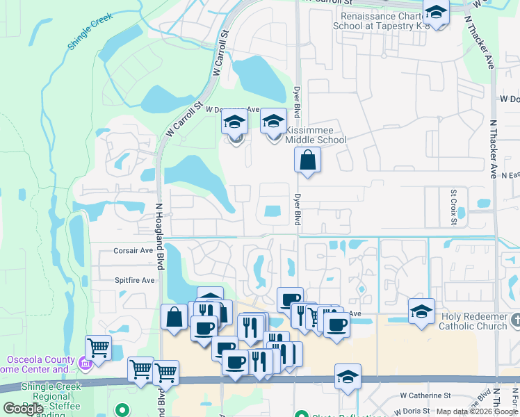 map of restaurants, bars, coffee shops, grocery stores, and more near 2344 Pebble Brook Road in Kissimmee