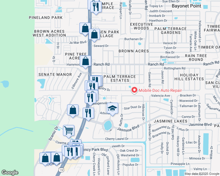 map of restaurants, bars, coffee shops, grocery stores, and more near 10801 Aaron Street in Port Richey