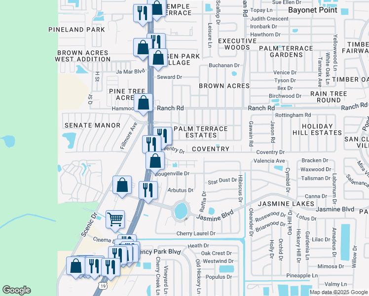 map of restaurants, bars, coffee shops, grocery stores, and more near 10801 Aaron Street in Port Richey